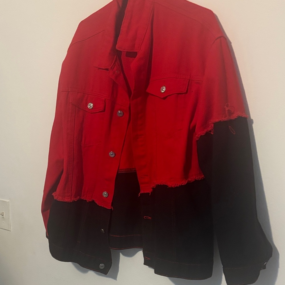 Red and Black Distressed Denim Jacket
